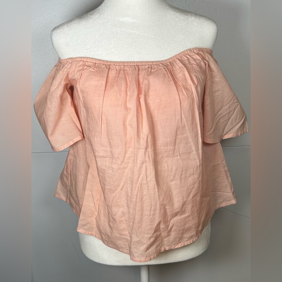 Express Light Coral Off-Shoulder Blouse. Linen Blend. - Picture 2 of 10